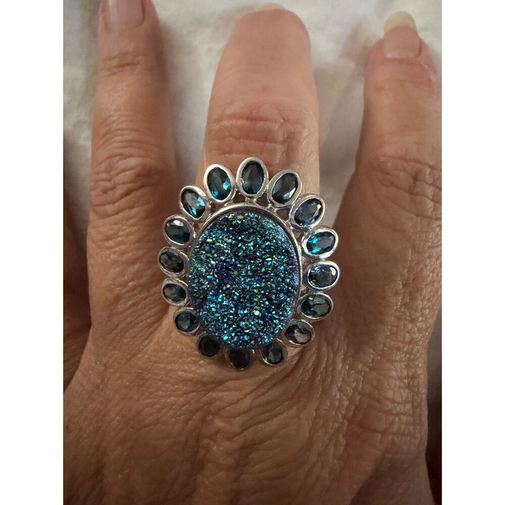 Vintage Sterling Silver Peacock Druzy & Blue Topaz Cocktail Ring SZ 8 By RSI